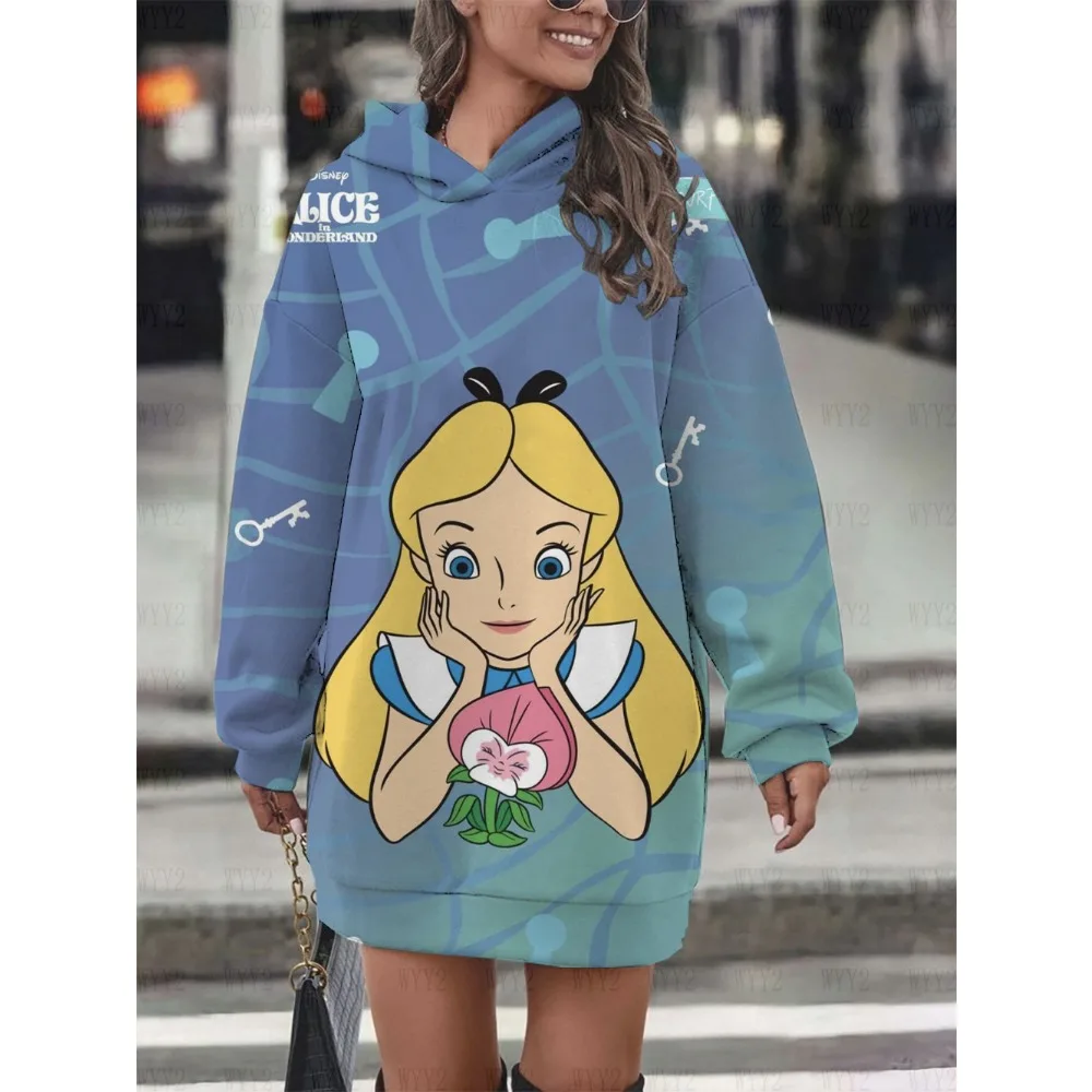 Damen-Pullover mit Kapuze, modischer Disney-Prinzessin Alice-Aufdruck, langärmelig, lockerer Herbst- und Winter-Hoodie
