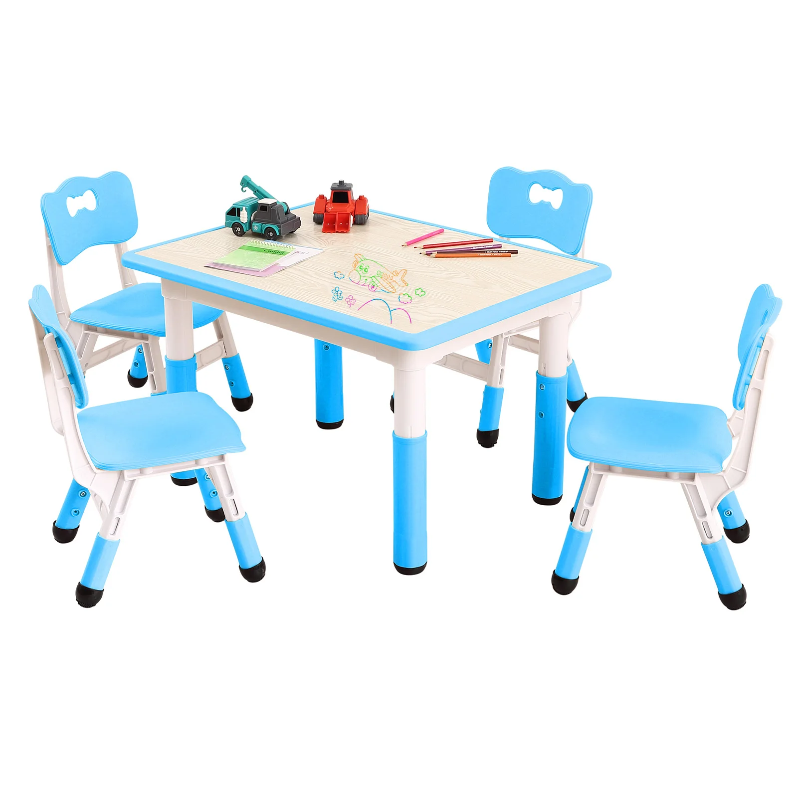 5 PCS Kids Table and Chairs Set Toddler Height Adjustable Desk with Graffiti Desktop Arts Crafts Table with 4 Seats Non-Slip Leg