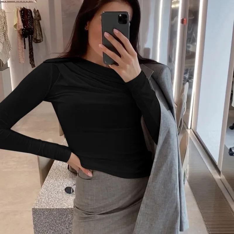 قميص بأكمام طويلة، تي شيرت أبيض، توب قصير للسيدات، تي شيرت خريفي بياقة قطرية بلون سادة، ملابس الشارع، أساسي أسود Y2K #5