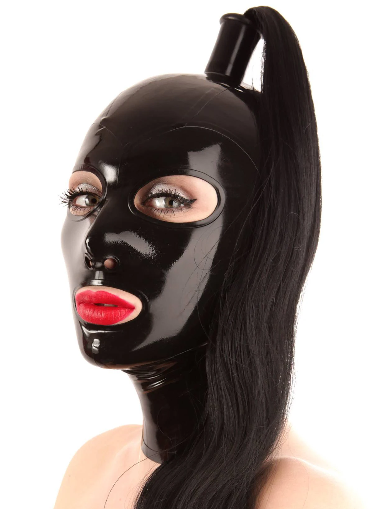 Latex Hoods with Hair Pigtail Dark Blue Rubber Mask Sexy Handmade Headgear Hairpieces Wigs Open Eyes Mouth