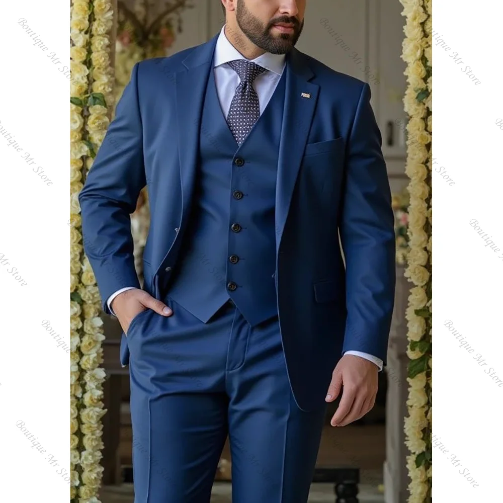 

Daliy Blue Men Suit Single-breasted Peak Lapel 3 Pieces(Jacket+Pants+Vest) Male Formal Wedding Party Set