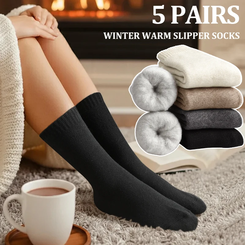

5Pairs Rabbit Hair Women Winter Warm Socks Ultra Soft Fleece Lined Thermal Slipper Sock Cozy Thick Home Floor Sock Cold Weather
