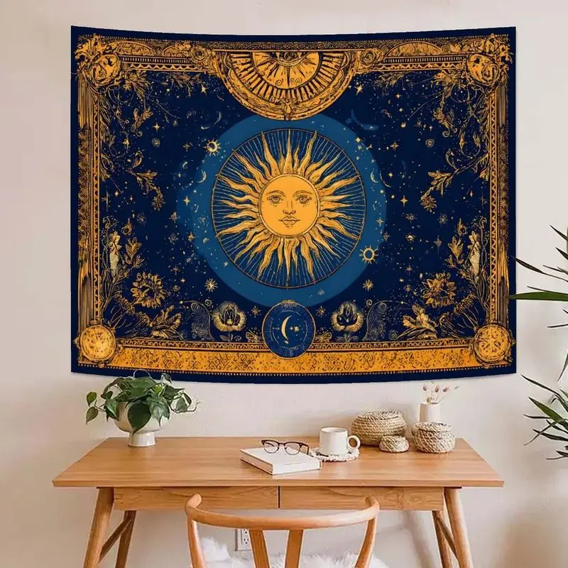 VIKAMA Celestial Sun Face Tapestry Hidden Gold Tarot Moon Star Wall Hanging Bedroom Wall Backdrop Decor