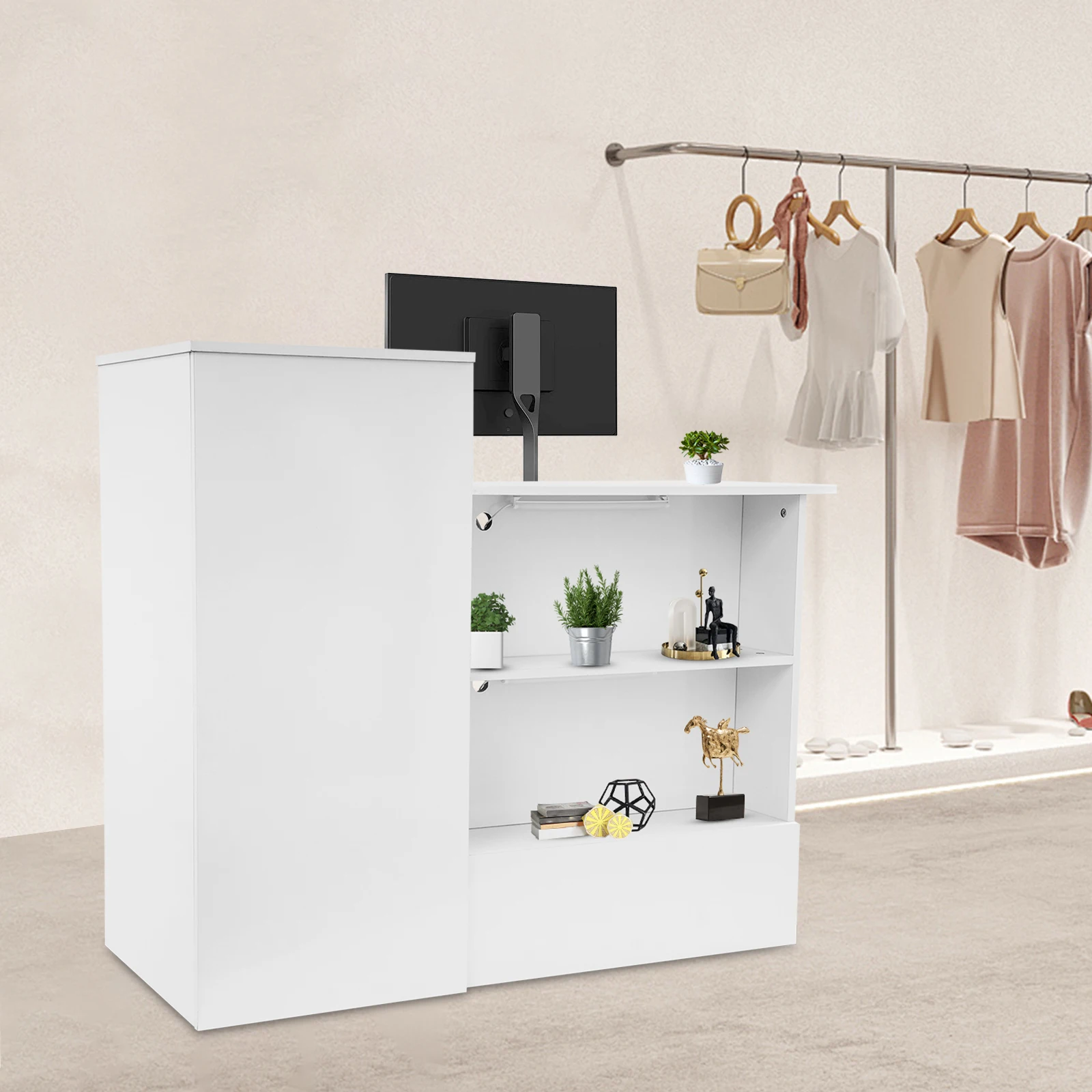 

Warm White MDF 120x50x100cm Front Desk Multi-storey Locker Cashier Desk Multi-function Cashier