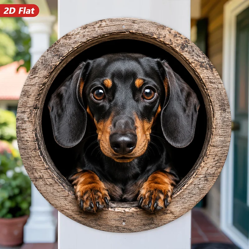2D Flat, 1pc Curious Dachshund Portrait Round Metal Sign Wall Art, Realistic Black Tan Dog, Peeking from Wooden Barrel, Rustic H