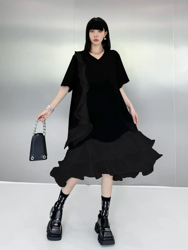 SuperAen สไตล์เกาหลี Niche Design เชื้อราขอบชุดผู้หญิง 2025 ใหม่แฟชั่น Elegant Splicing แขนเสื้อยืดชุด