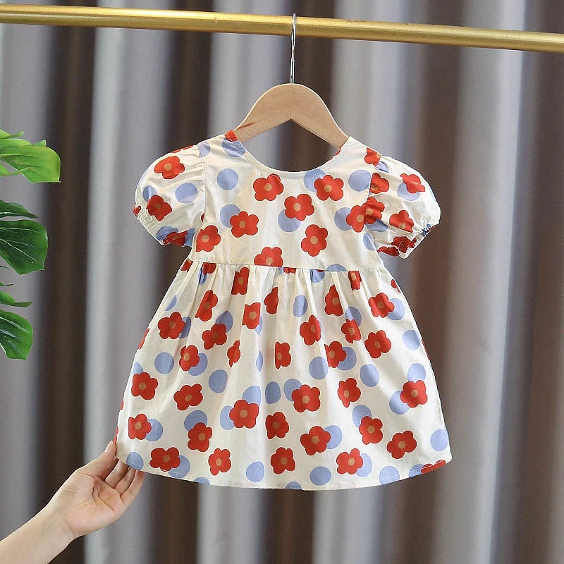 2-9T Summer Girls Dress Cute Flower Printed Puffy Sleeved Casual Dresses Fashion Short Sleeve Sundress Outdoor Beach Vestidos