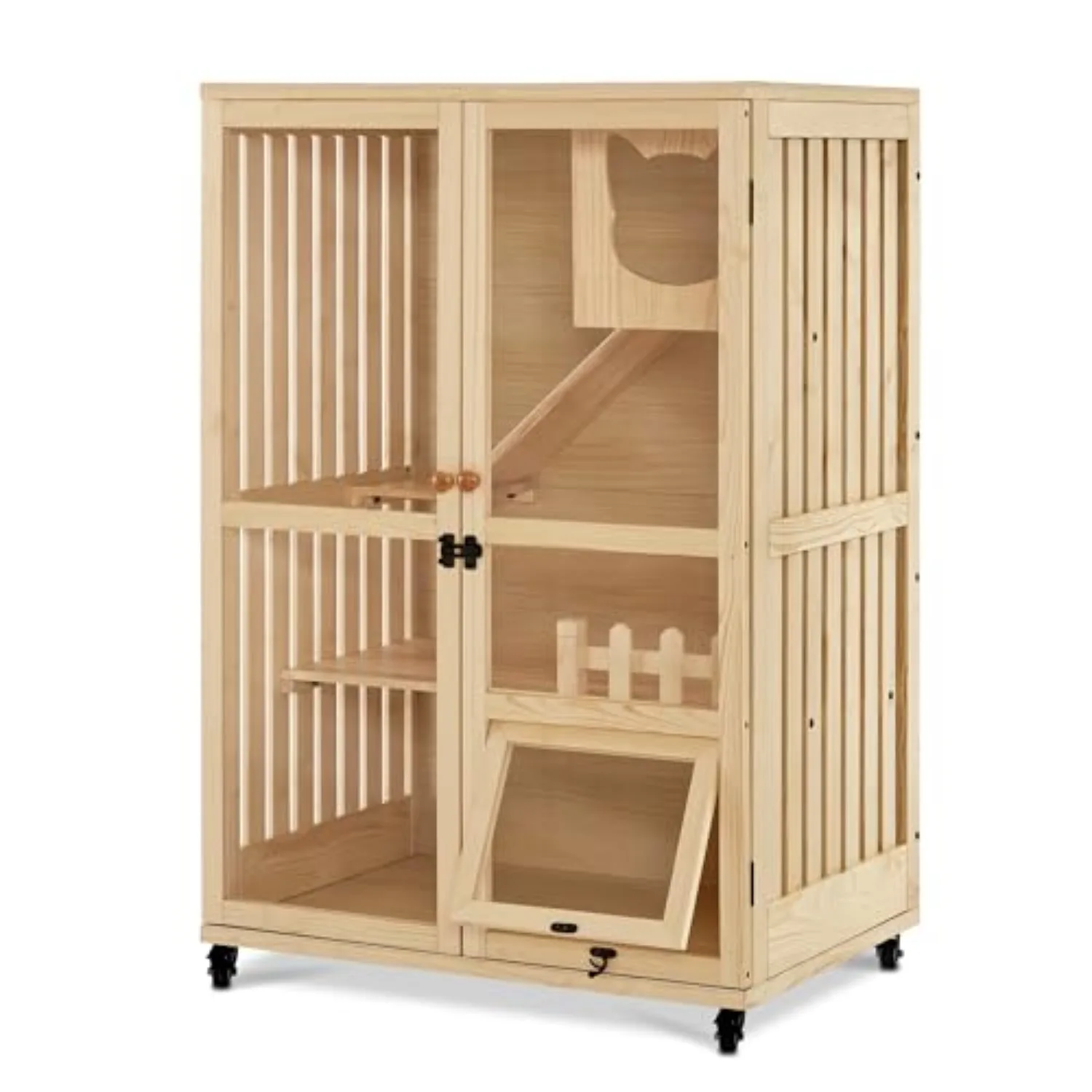 Small Wooden Luxury Cat House Furniture for Indoor Cats CT090 | Solid Fir Wood, Clear Acrylic Panels, Escape Door