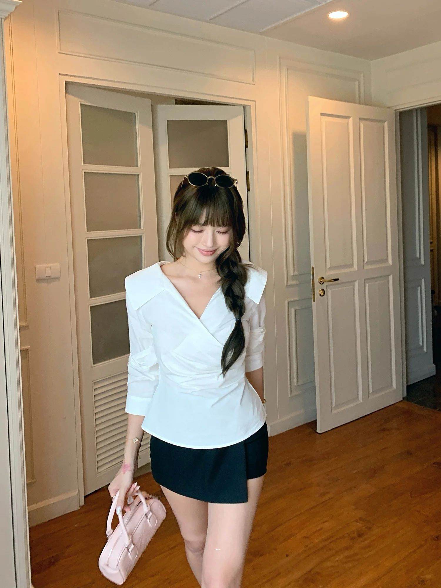 

Chen Mi Fan High nce Aesthetic Design Cross V-ne Long Sve Women's irt 3D Pleat Waist Cinching Ele irt