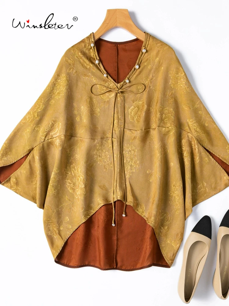 

Winsleter-Женская элегантная рубашка из 100% натурального шелка с водяной марлей, жаккардовая рубашка с рукавами «летучая мышь», свободная блузка в стиле ретро, новинка лета 2023 года T57904CC