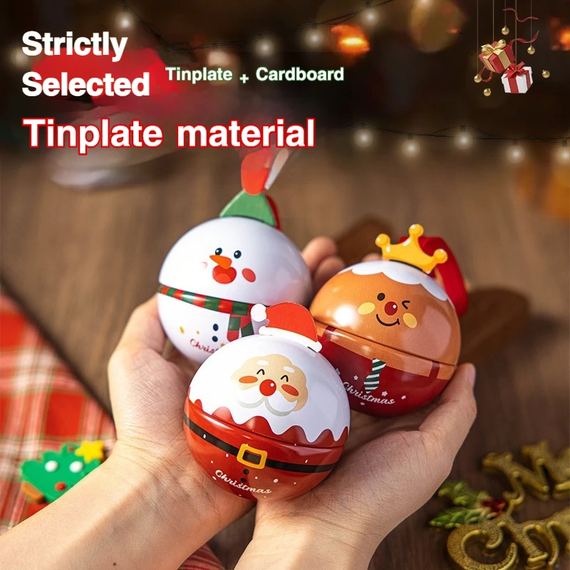 Christmas Round Tin Box Cartoon Santa Snowman Reindeer Penguin Candy Storage Jar Xmas Tree Hanging Decor Holiday Gift Container view 4
