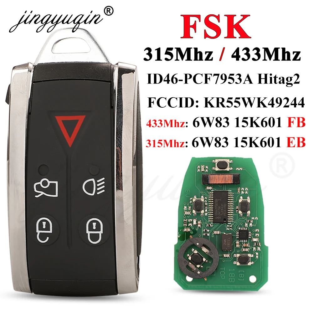 jingyuqin Smart-Funkschlüssel 5-Tasten für Jaguar XF XFR XK XKR XJ8 XK8 2007+ 315/433MHZ FSK ID46 KR55WK49244 C2P17156 15K601 EB FB