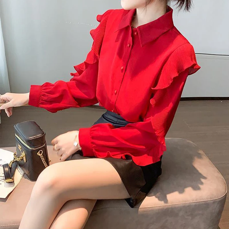 Women Red Ruffle Elegant Chic Sweet Fashion Button Up Shirt Casual Turn Down Collar Long Sleeve Blouse Top Blusas Mujer Clothes