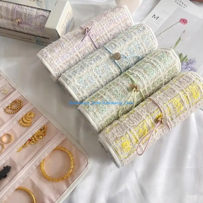 573B Canvas Jewelry Roll Organiser For Travel Necklace Earring Storage Container