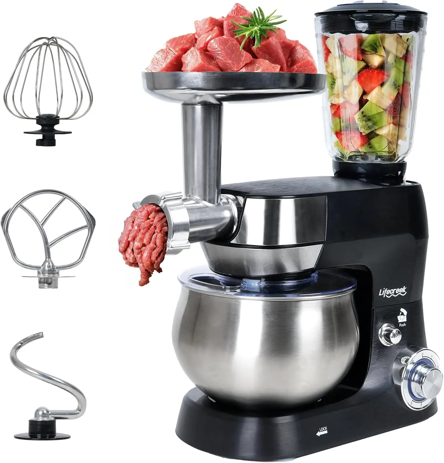 5.3Qt 660W, 6-Speed Tilt-head, Electric Kitchen Mixer with Stainless Steel Bowl,Meat Grinder, Juice Blender (Black)