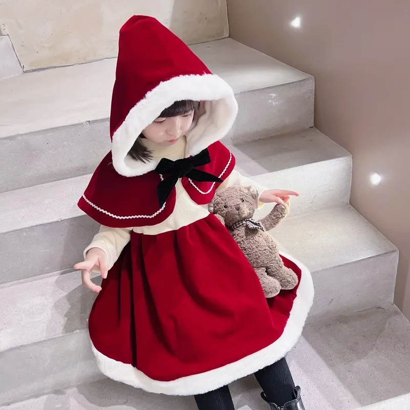 

FC62023 Girls Autumn and Winter with velvet and thick Little Red Riding Hood cute Christmas set with bow red shawl dress@FC8！