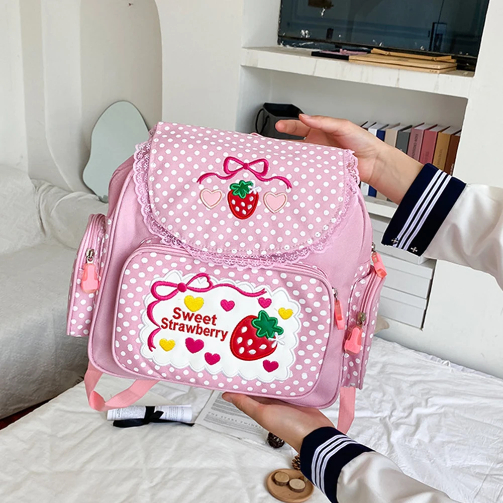 Bolsa escolar Kawaii para crianças, Kawaii, fofo, bordado de morango, mochila ao ar livre, pontos, bolso múltiplo, moda de nylon, faculdade para adolescente