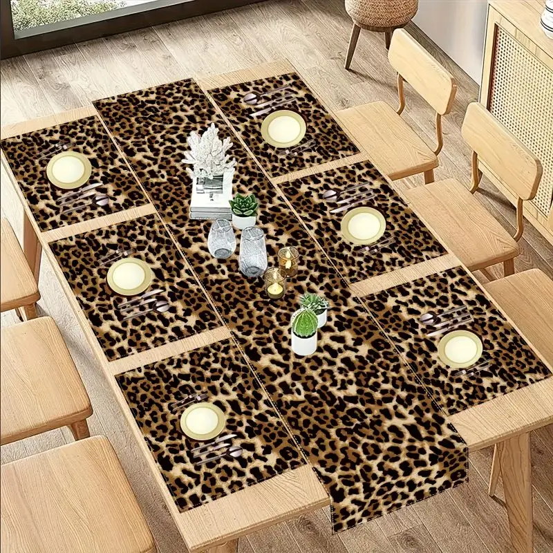 Light Luxury Leopard Pattern Table Runner Placemats Set Waterproof Anti Slip Washable Kitchen Dining Table Mat