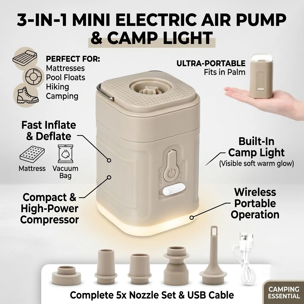 Mini Electric Air Pump 3-In-1 Wireless Portable Compressor With Camp Light Inflator Deflator For Mattress Pool Floats Hiking