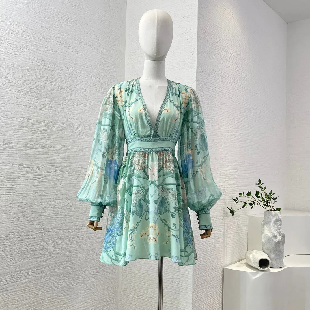 

Mint Green Long Sleeve Floral Print V Neck 2024 New Mini Dress