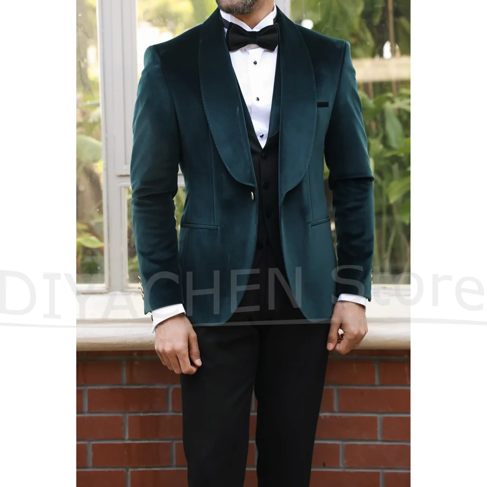 

Velvet Suits for Men Formal Shawl Lapel One Button Banquet Wedding Party 3 Pieces Fashion Prom Slim Tuxedos (Blazer+Vest+Pants)