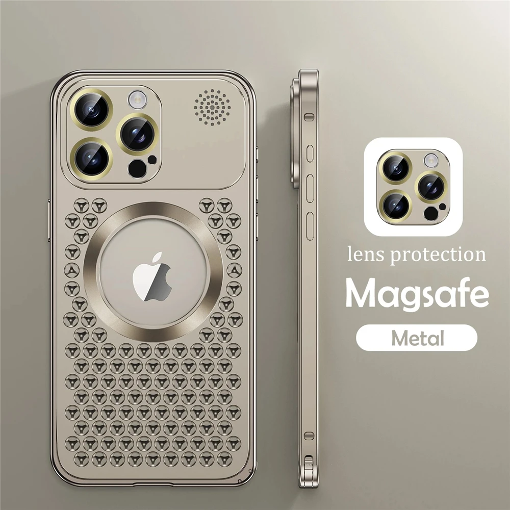 Metal Heat Dissipation Magsafe Magnetic Case For iPhone 13 14 12 15 16 Pro Max 16 Plus Lens Film Aromatherapy Removable Cover