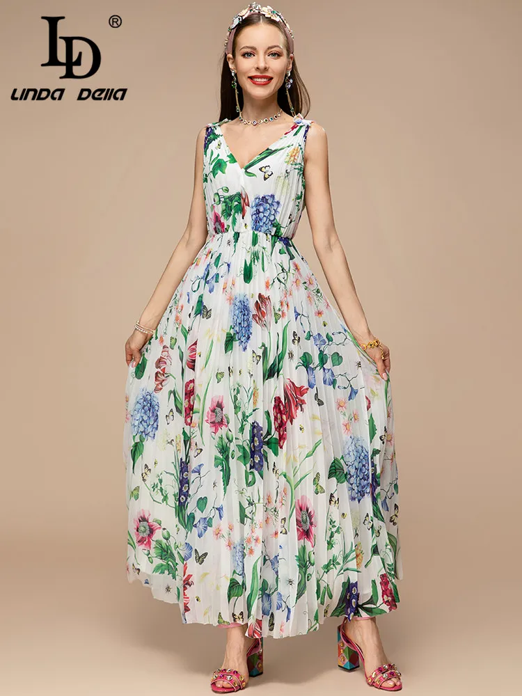 LD LINDA DELLA New 2023 Summer Fashion Women Beach Style Spaghetti Strap Long Dress High Waist Slim Floral Print Pleated Dresses