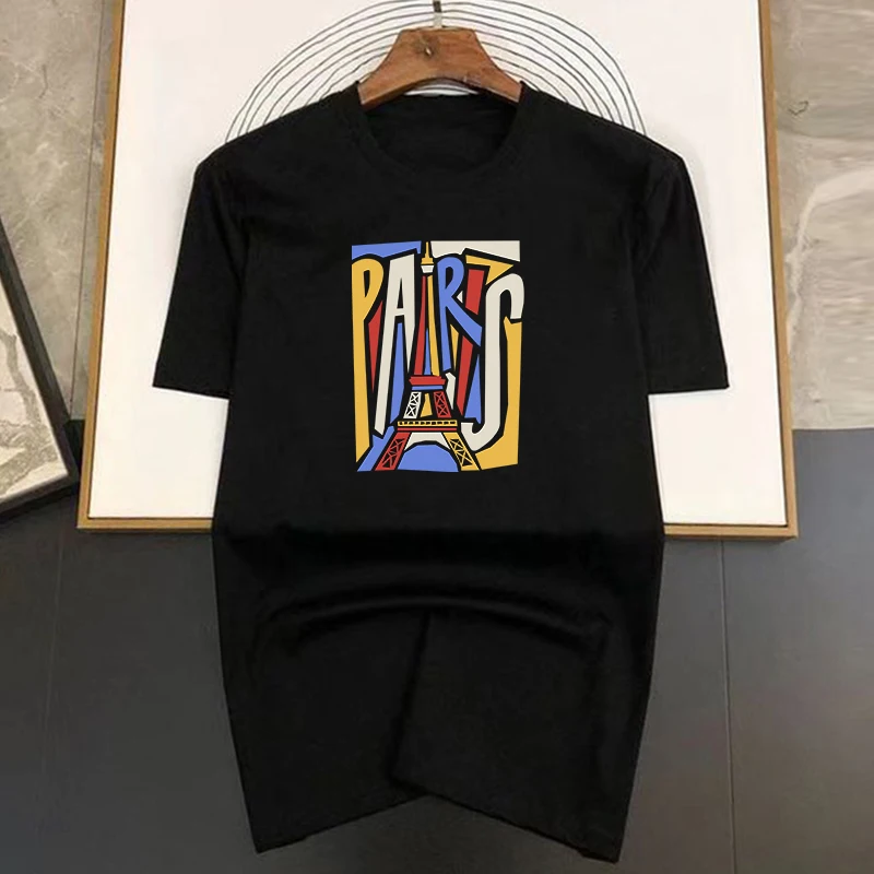 Colours New Paris Print Men\'s Summer Vintage Casual Pure Cotton Oversized T-shirt Streetwear Casual Fashion Clothing