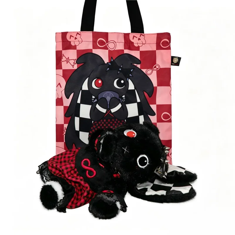 Plushie Dreadfuls Gothic Black Rabbit Plush Toy Checkered Ear Red Plaid Dress Stuffed Doll Halloween Home Decor Gift For Adults