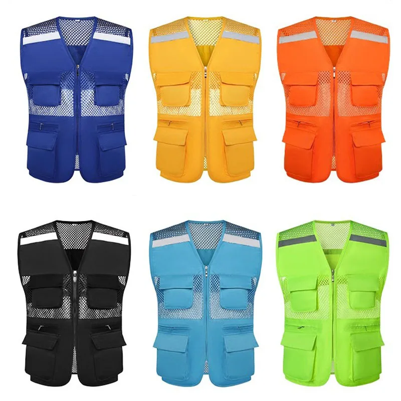 

Mens Fishing Outdoor Multi Pocket Vest with Reflective Stripes Sleeveless Vest for Men Big Size 4XL Photography Vest Man