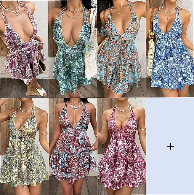 Summer Boho Geometric Print Backless Dress Casual Beach Sundress