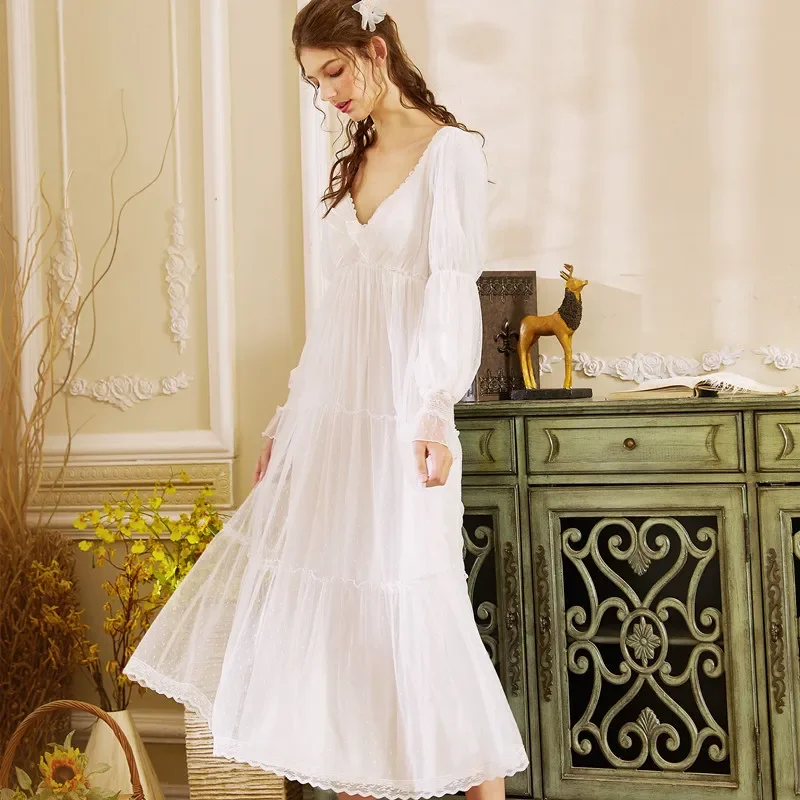 

Fairy Mesh Sexy Lace Long Robe Peignoir Victorian Night Dress Women Romantic Nightgown Gown Vintage Nightwear Princess Sleepwear