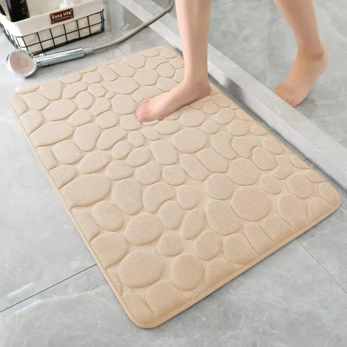 3D Non Slip Bathroom Mat Cobblestone Embossed Bath Mats Absorbent Doormat Carpet Door Floor Mats Machine Washable Quick Drying