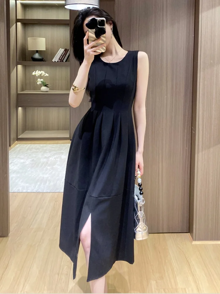 Smthma francês elegante preto frente split vestido de verão feminino o-pescoço sem mangas cintura fina casual vestidos longos robe