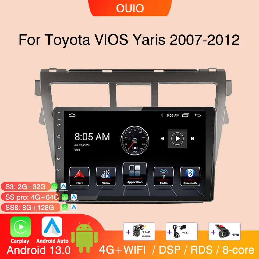 Android 13 Radio For Toyota VIOS Yaris 2007 2008 2009 2010-2012 Car stereo Multimedia Player Carplay Auto GPS navigation 2DIN