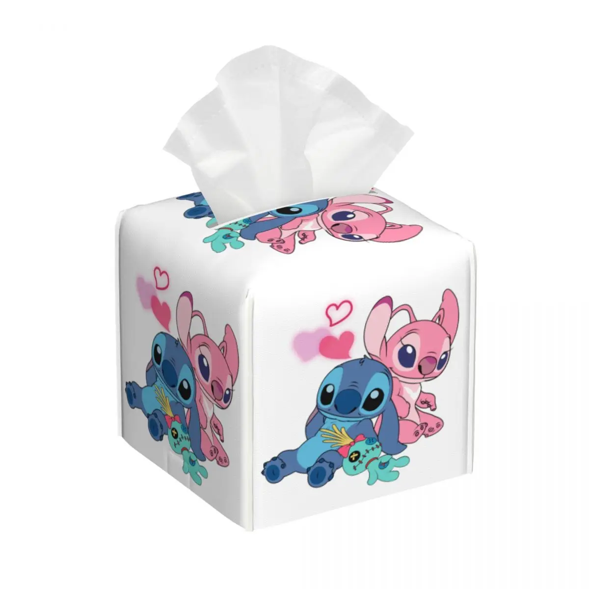 Custom Stitch And Angel Lovers Facial Tissue Box Cover Square Cartoon PU Leather Tissue Box Holder for Car Toilet