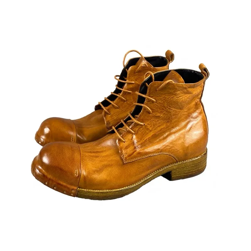 Genuine Leather Service Boots for Men Distressed Round Toe Vintage Shoes