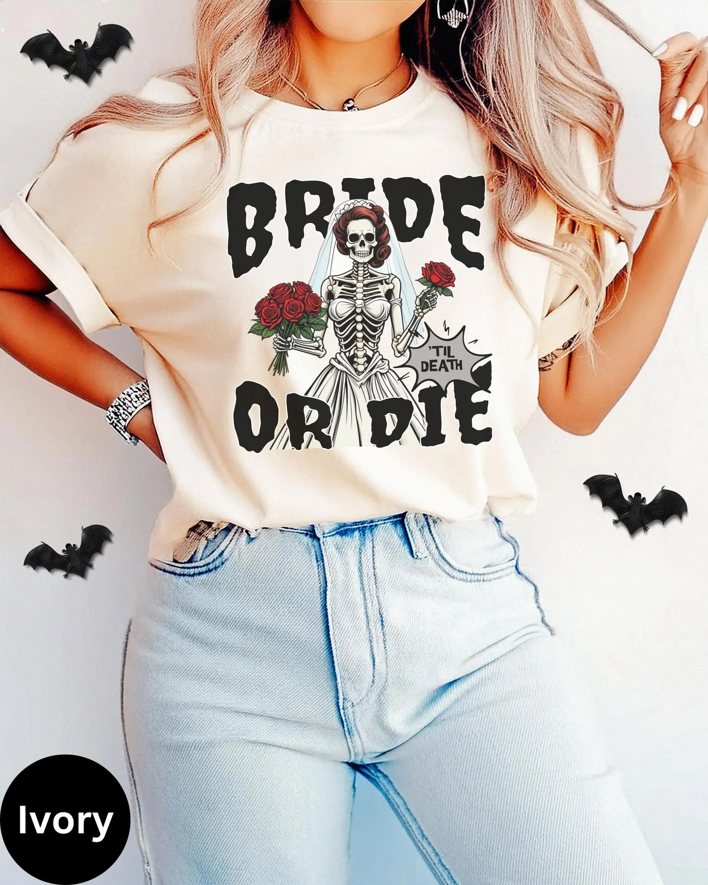 Halloween Bachelorette T Shirt Wedding Party S Comfort Colors Retro Spooky Skeleton Bride Or Die