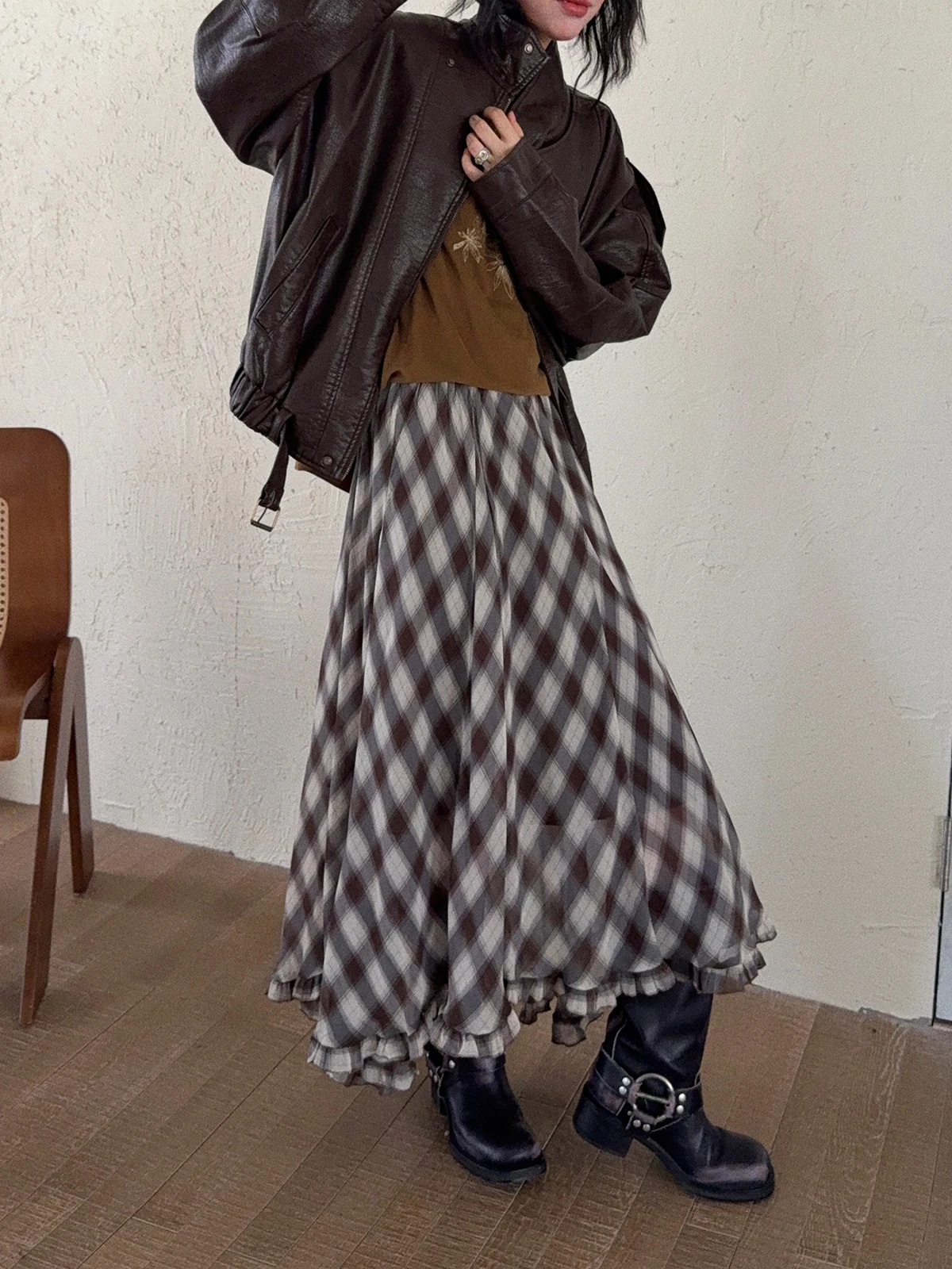 

DR Retro Plaid Dra Thin Chiffon Long Skirt Women's Autumn Versatile High Waist Umbrella Skirt Daily Wear Other Materials