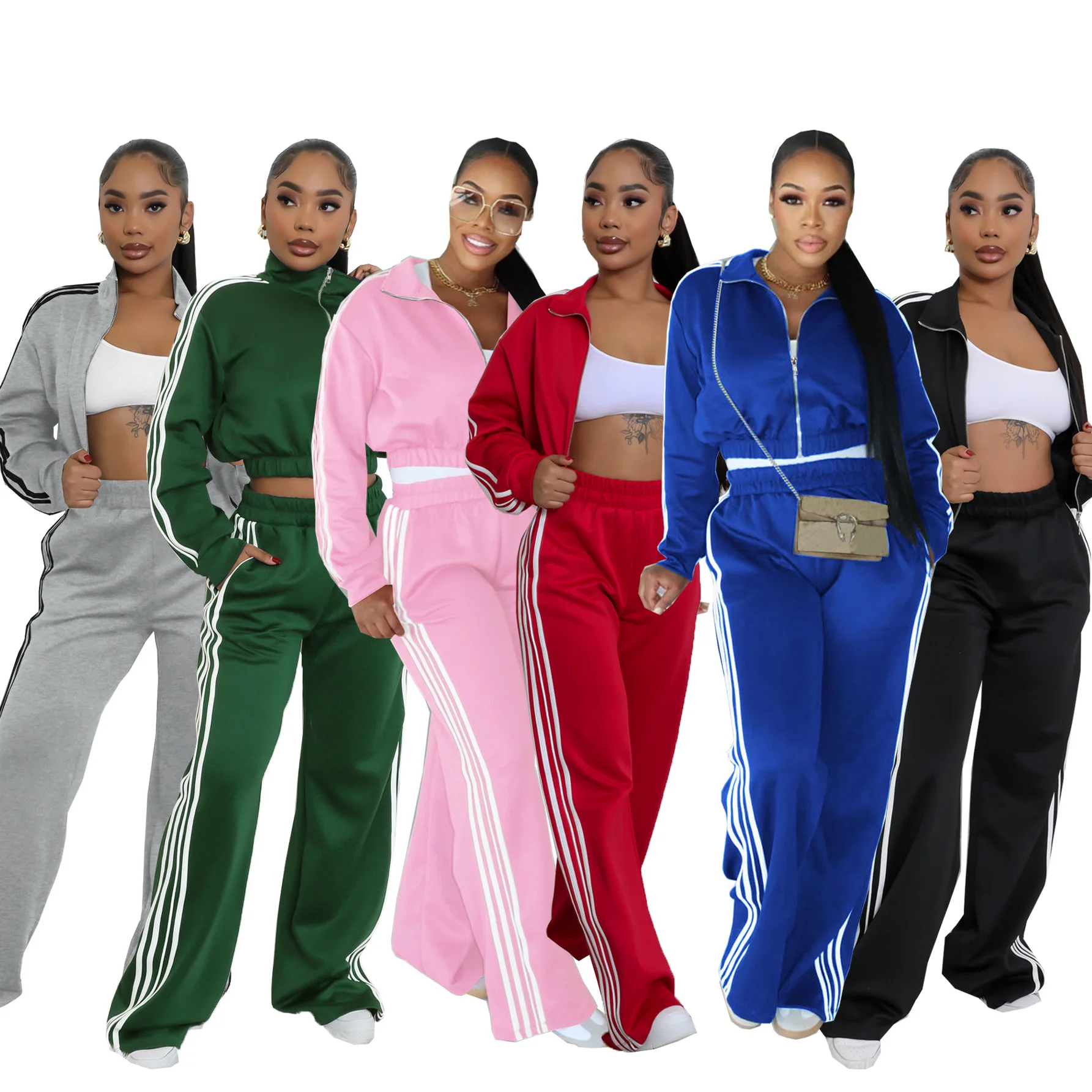 

Women Set Autumn Winter Fashion Striped Crop Top Jacket And Straight Pants Casual Two Piece Set Workout Jogger Sets Tracksuits