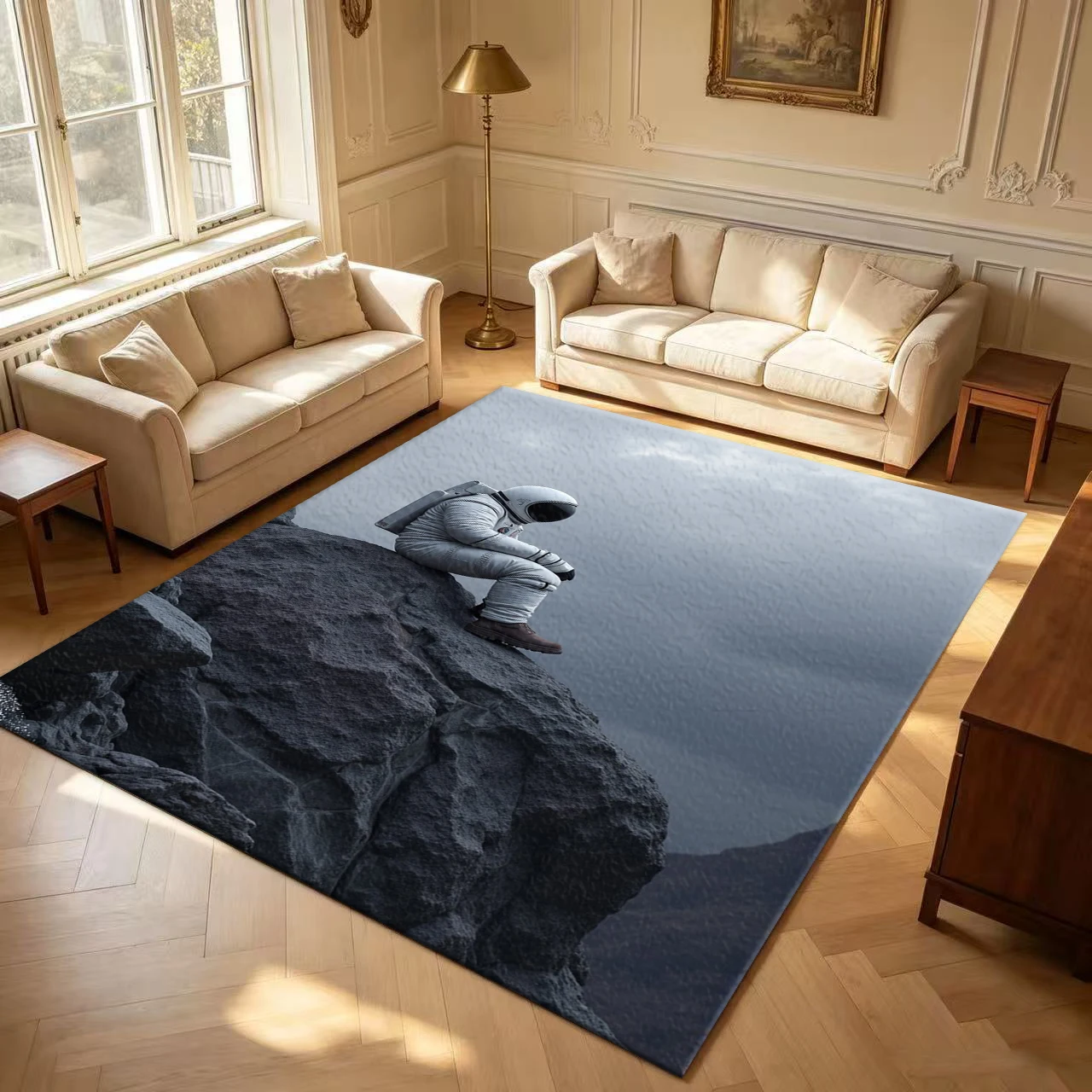 Lonely Astronaut Hanging On Cliff Rock carpet flooring Outer Space Themed Home Area Rug