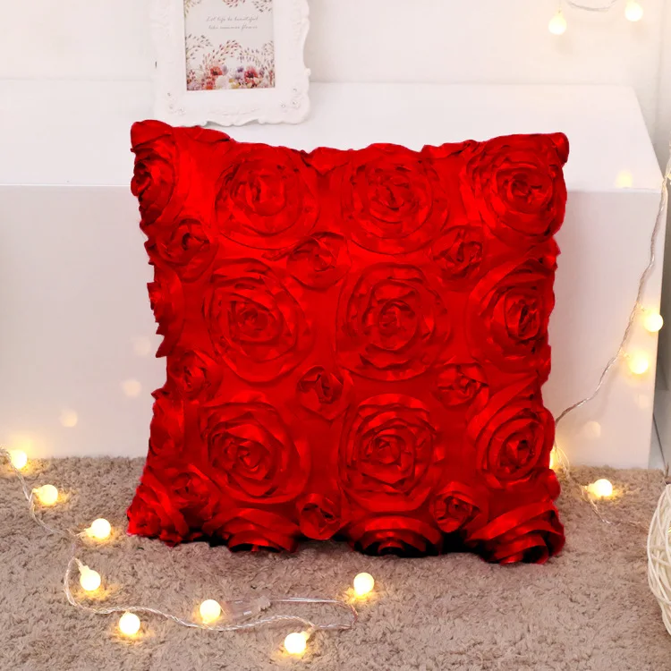 40*40CM  Fancy Wedding Gift Cushion Cover Hugging Pillow Cover 3D Rose Flower Hotel Soft Red Cushion Cover