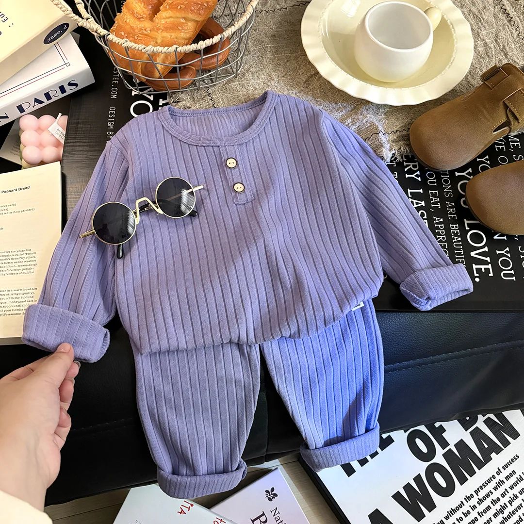 Children's Pajamas Button Sleep Pants Set Baby Sweet  Loungewear Autumn Cozy Loungewear Baby Boys Girls Kids' Striped  Pajamas