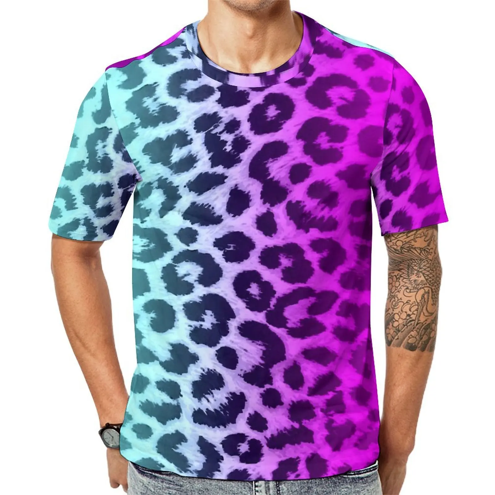Men Blue Pink Two Tone T-Shirt Cheetah Leopard Harajuku T-Shirts Short-Sleeved Graphic Tshirt Hot Sale Summer Big Size Clothes