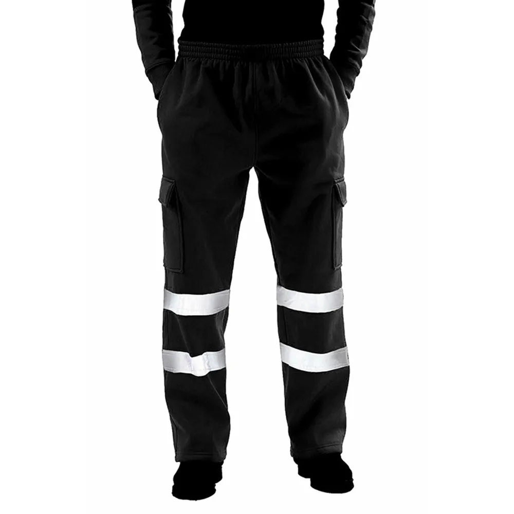 Men\'s Safety Sweat Pant Hi Vis Trousers High Visibility Bottoms Workwear Reflective Tape Safety Pants Multi-Pockets Work Trouser