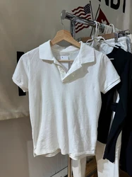 White Simple Slim T-shirts Summer Turn Down Collar Short Sleeve Cotton Tees Casual Vintage Sweet Preppy Style Y2k Top for Woman