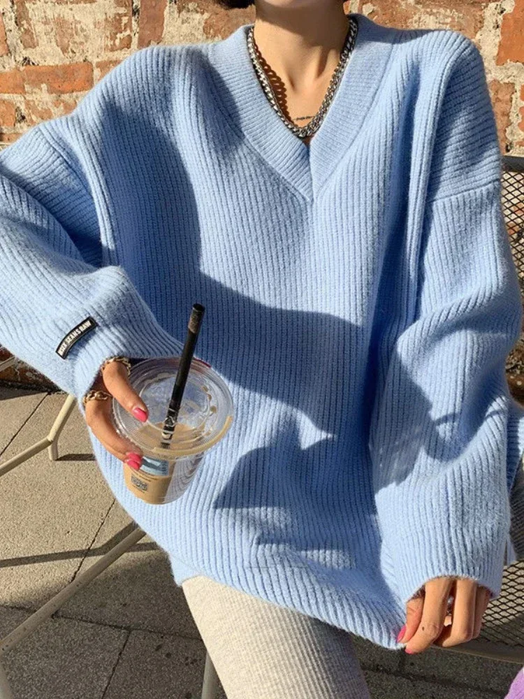 Women\'s Sweater Oversize Autumn Winter Thick Warm V-neck Pullovers Solid Blue White Oversized Loose Fashion Women Sweaters 2024