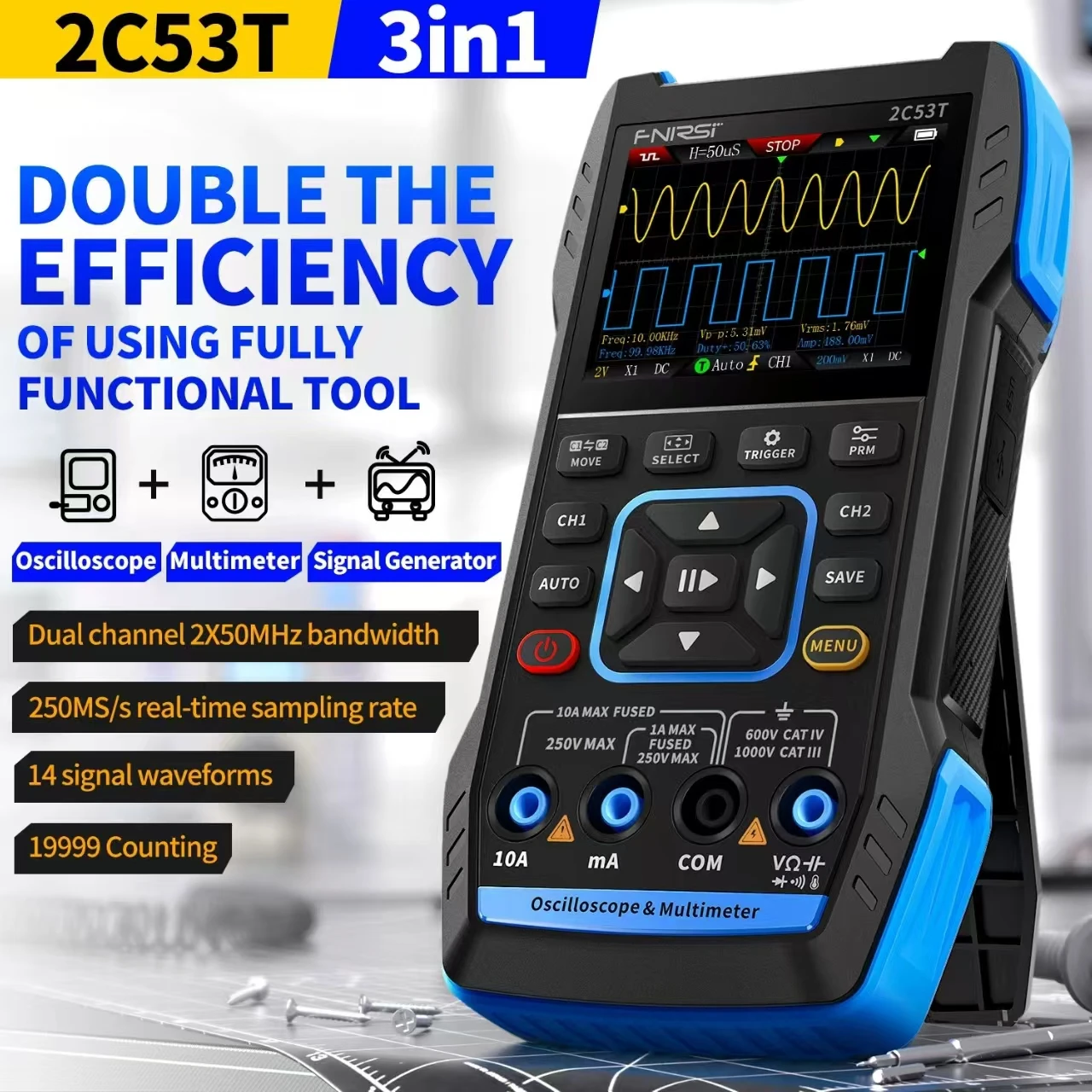 FNIRSI 2C53T 3in1 Oscilloscope Multimeter Signal Generator 50MHz Bandwidth 250MS Rate Dual Channel 20000 Counts 3000mAh Battery