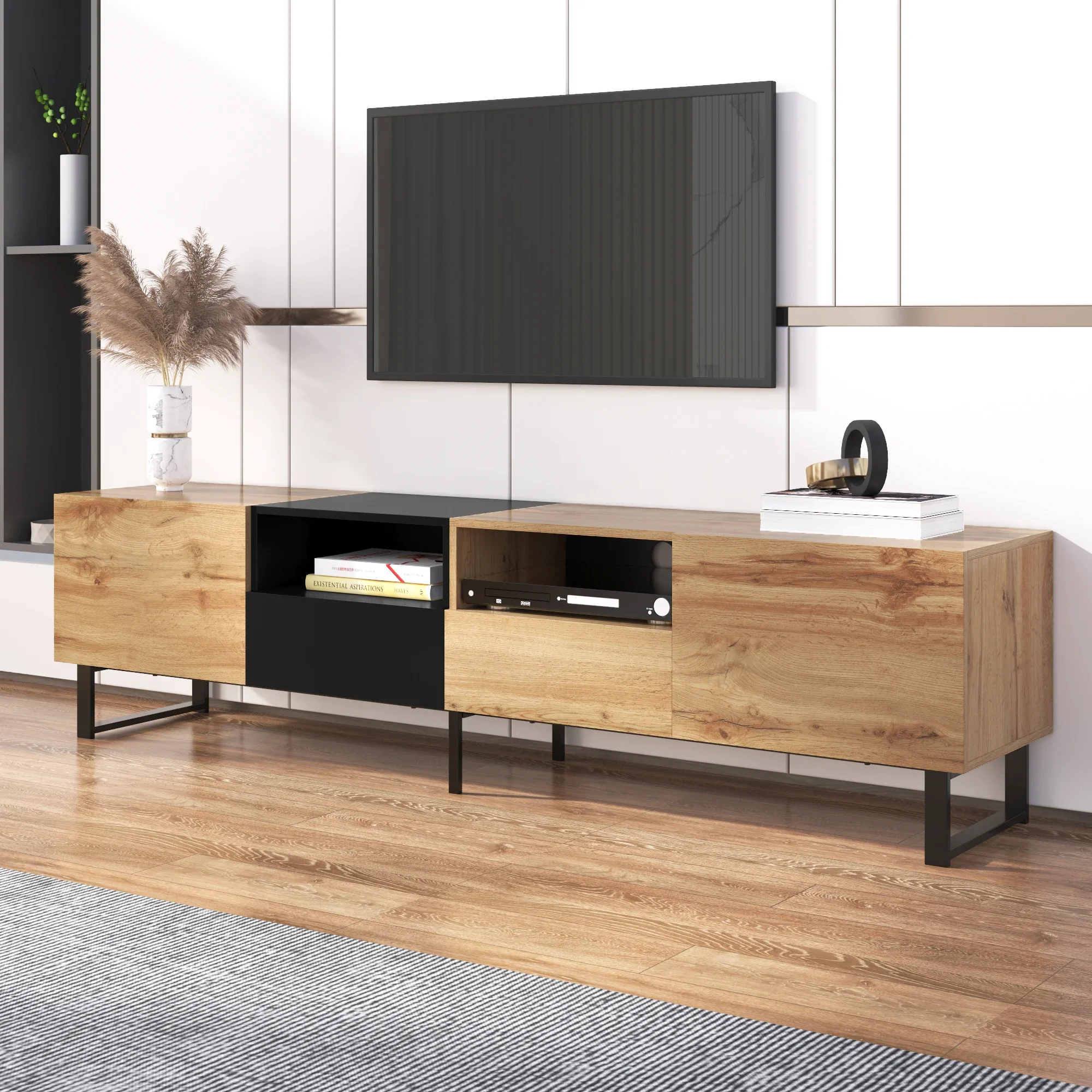 VSOGA Modern TV Stand With Black And Wood Color Design - Spacious Storage Space， Sturdy Construction