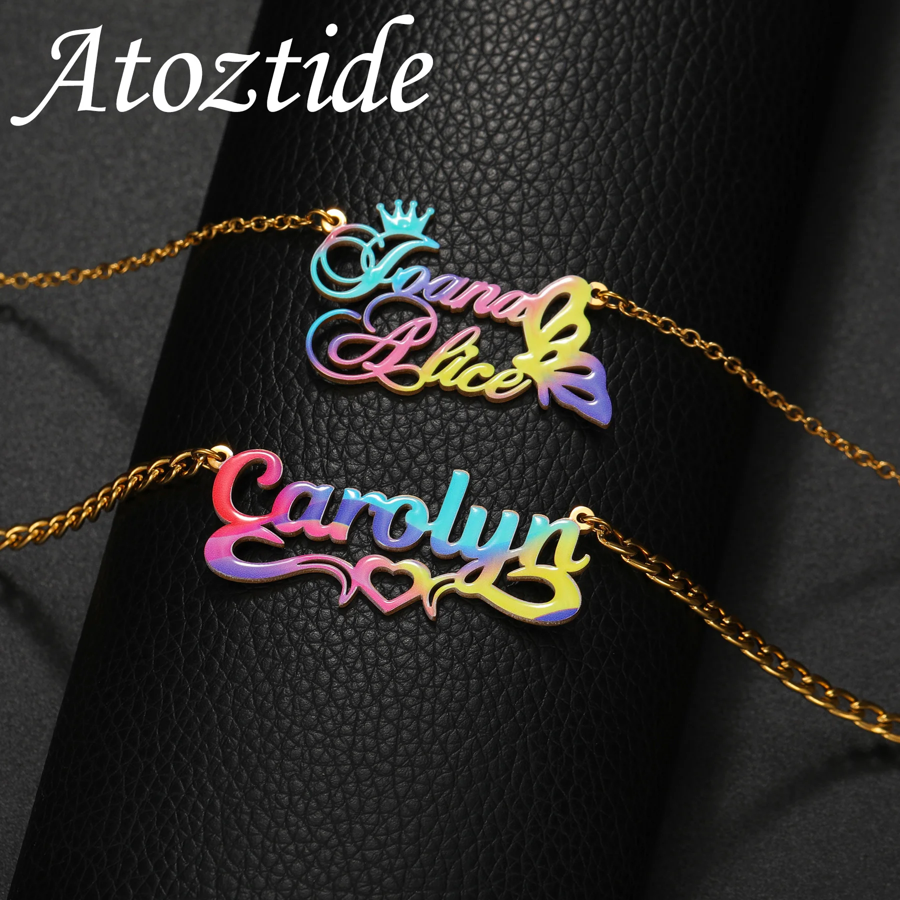 Atoztide Custom Name Necklace for Women UV Colorful Printing Crown Butterfly Nameplate Stainless Steel Jewerly Personalized Gift